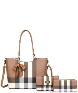 3in1 Plaid Tote Bag W Crossbody and Wallet Set LM-8093-S BROWN